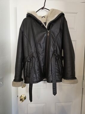 Dark Brown Leather Hooded Coat with Cream Shearling